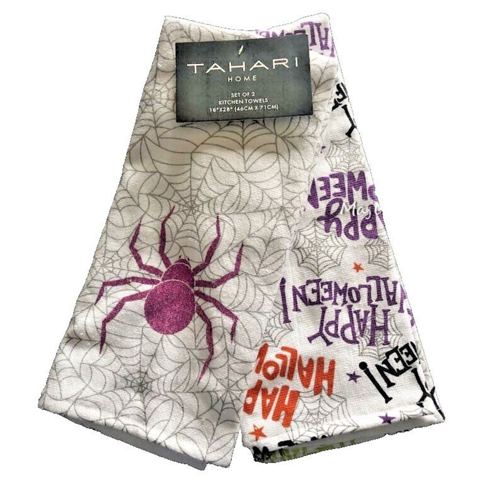 Tahari Happy Halloween Kitchen Dish Towels Purple Spider Webs Spooky Set of 2